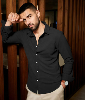 JACKBELLA Men Self Design Casual Black Shirt