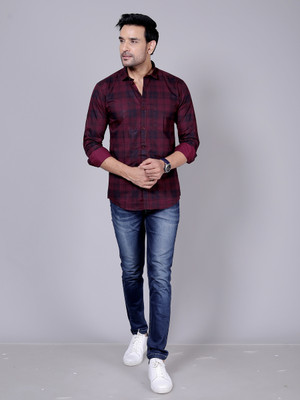 KAISERMEN Men Checkered Formal Maroon, Blue Shirt