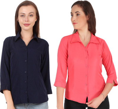 SHANAYA MODA Women Solid Formal Pink, Dark Blue Shirt(Pack of 2)