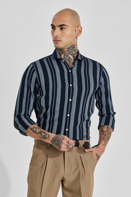 Snitch Men Striped Casual Dark Blue Shirt
