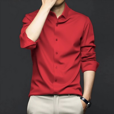 HouseOfCommon Men Solid Formal Red Shirt