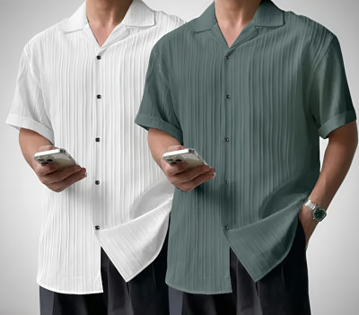 METRONAUT Men Self Design Casual Dark Green, White Shirt(Pack of 2)