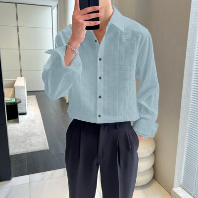 CLASI Q Men Self Design Casual Light Blue Shirt
