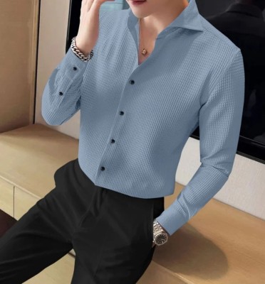 Solbiza Men Self Design Casual Blue Shirt