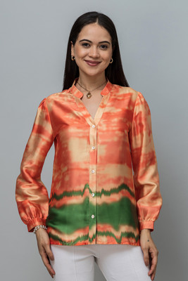 PURYS Women Dyed/Ombre Casual Orange, Green Shirt