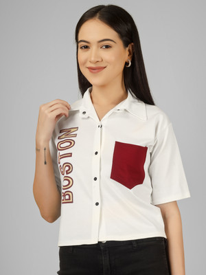 Yunic29 Women Printed Casual White, Maroon Shirt