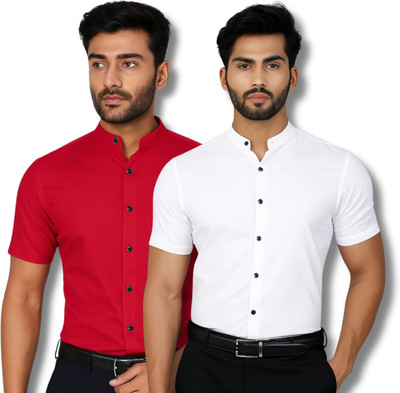 COTTONCHHAP Men Solid Casual Red, White Shirt(Pack of 2)