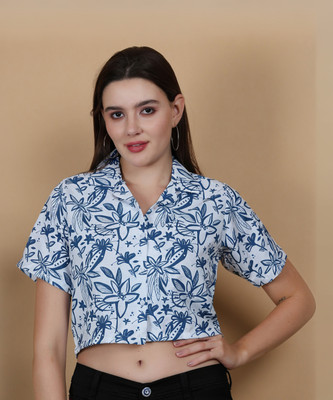 ENTNICBLISS Women Floral Print Casual Blue, White Shirt