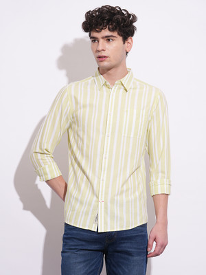 BEING HUMAN Men Striped Casual Green Shirt