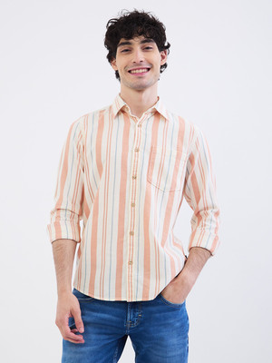 Spykar Men Striped Casual Beige Shirt
