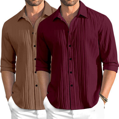 OXXOM Men Self Design Casual Brown, Maroon Shirt(Pack of 2)