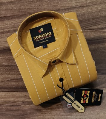 SONISHQ Men Striped Casual Gold Shirt