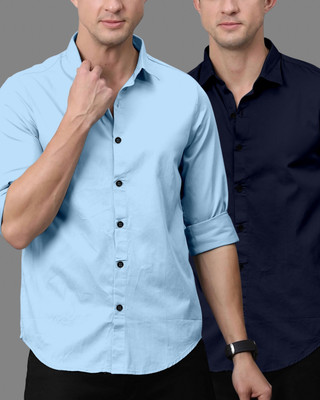 OXXOM Men Solid Casual Dark Blue, Light Blue Shirt(Pack of 2)