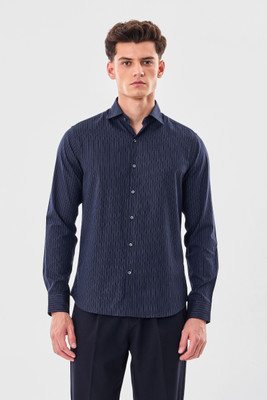 Snitch Men Striped Formal Dark Blue Shirt