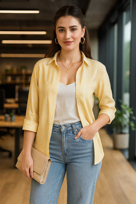 Dressberry Women Striped Casual Yellow Shirt