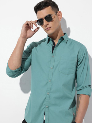 Roadster Men Solid Casual Light Green Shirt