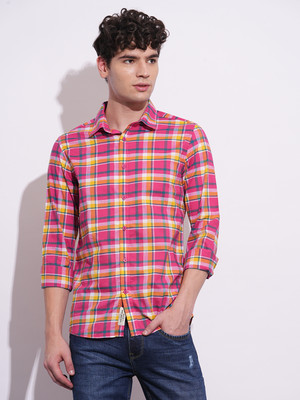 BEING HUMAN Men Checkered Casual Pink Shirt