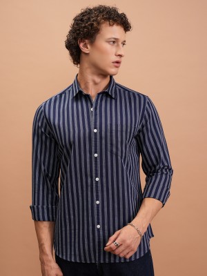 HIGHLANDER Men Striped Casual Dark Blue, Grey Shirt