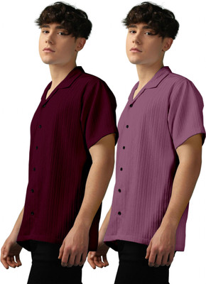OXXOM Men Self Design, Striped Casual Maroon, Pink Shirt(Pack of 2)