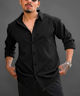 EBRANDLADY TRENDZ Men Self Design Party Black Shirt
