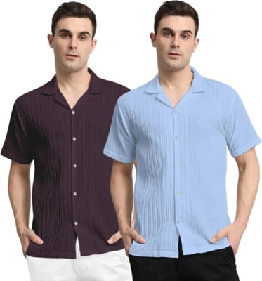 METRONAUT Men Self Design Casual Purple, Light Blue Shirt(Pack of 2)