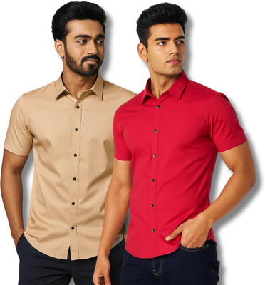 RAREMARK Men Self Design Formal Red, Beige Shirt(Pack of 2)