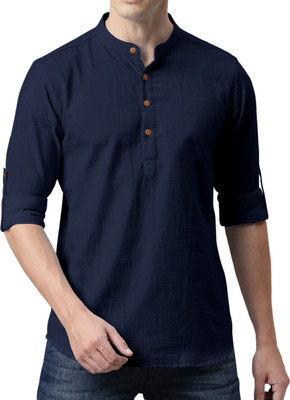 zbio Men Solid Casual Dark Blue Shirt