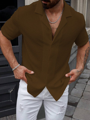 COMBRAIDED Men Self Design Casual Brown Shirt