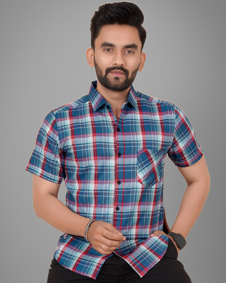 Voroxy Men Checkered Casual Blue Shirt