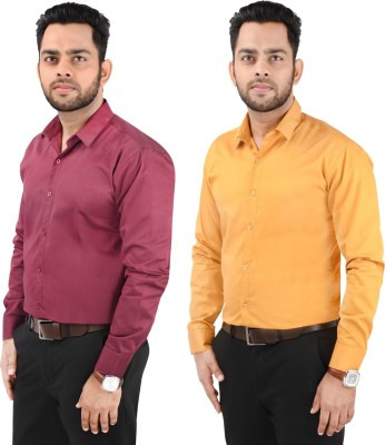 CRAFT HEAVEN Men Solid Casual Maroon, Yellow Shirt(Pack of 2)