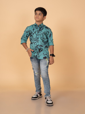 THE TINGGE Boys Printed Casual Green Shirt