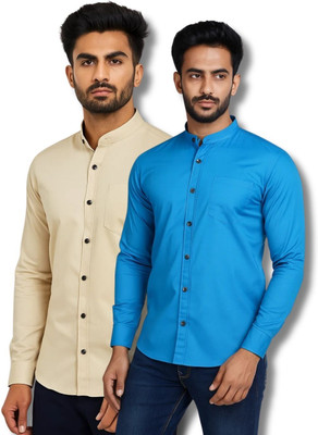 GOD HEART Men Solid Casual Beige, Blue Shirt(Pack of 2)