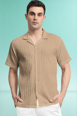 A DEEMOON TREND Men Self Design Casual Cream Shirt