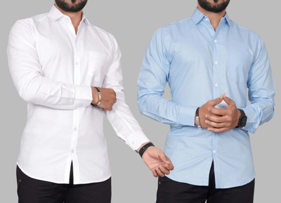 METRONAUT Men Solid Casual White, Light Blue Shirt(Pack of 2)