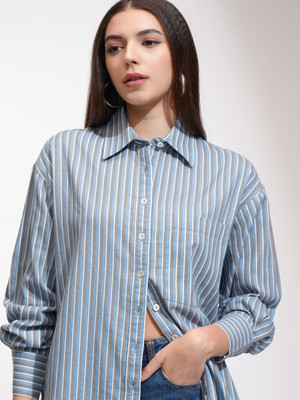 Tokyo Talkies Women Striped Casual Blue Shirt