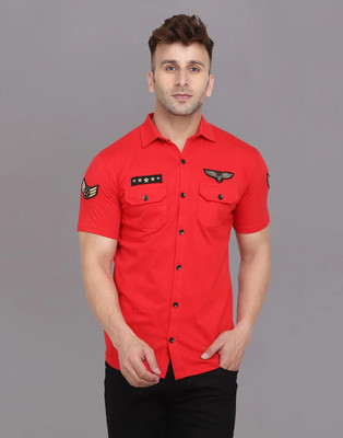 Money Leaf Men Solid Casual Red Shirt