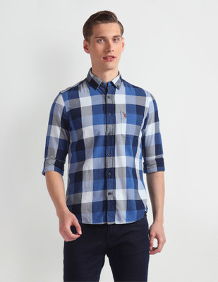 U.S. POLO ASSN. Men Checkered Casual Blue, Dark Blue, White Shirt