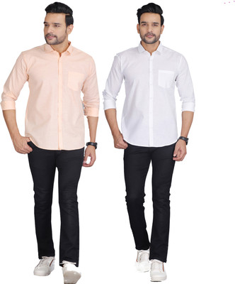 FAVNIC Men Solid Casual Beige, White Shirt(Pack of 2)