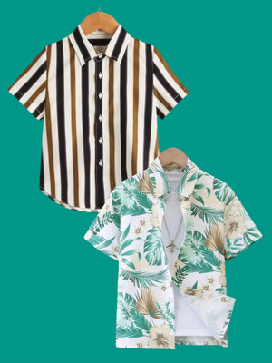 KILLER Boys Striped, Printed Casual Green Shirt(Pack of 2)