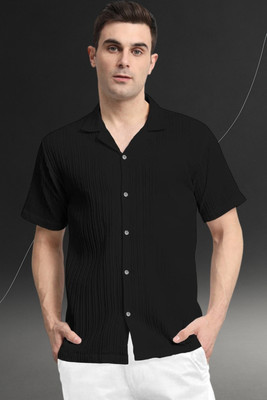 A DEEMOON TREND Men Striped, Self Design Casual Black Shirt
