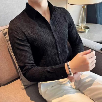 Black Deer Men Self Design Casual Black Shirt