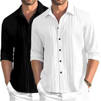 OXXOM Men Self Design Casual Black, White Shirt(Pack of 2)