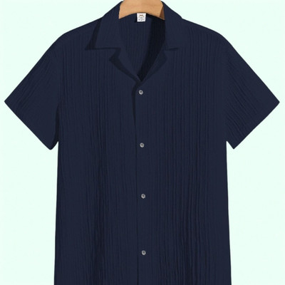 A DEEMOON TREND Men Self Design Casual Dark Blue Shirt