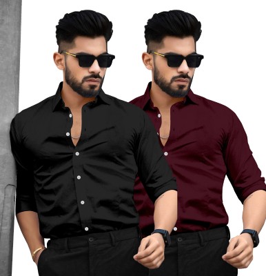 SAADIWALA Men Solid Casual Black, Maroon Shirt(Pack of 2)