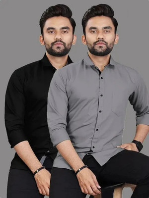 RAFSON Men Solid Formal Black, Grey Shirt(Pack of 2)