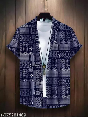 Solbiza Men Printed Casual Dark Blue, White Shirt