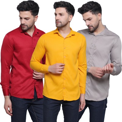 FILNECH Men Solid Casual Grey, Red, Yellow Shirt(Pack of 3)