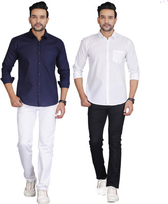 Wristy Men Solid Casual Dark Blue, White Shirt(Pack of 2)