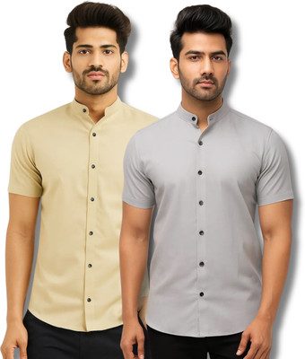 COTTONCHHAP Men Solid Casual Beige, Grey Shirt(Pack of 2)