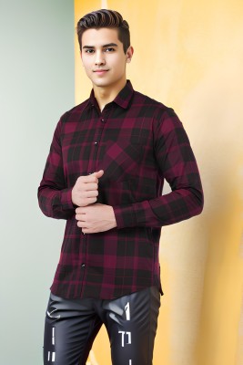 HouseOfCommon Men Checkered Casual Maroon, Black Shirt